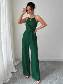 Elenzga 女式春夏休闲卡其色褶皱面料串珠挂脖系带长款连体裤 - 綠色 - 查看 5