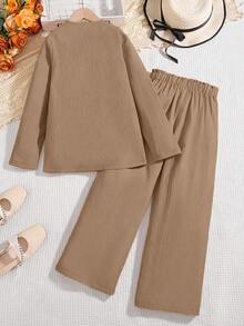 SHEIN 2pcs/Set Girls Casual Khaki Pants And Long Sleeve Jacket, Versatile Daily Wear, Spring/Autumn Fall Winter - Camel - View 3