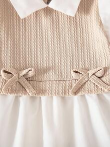 2 件套女婴秋季新款服装，翻领长袖针织拼接二合一衬衫和喇叭针织裤，时尚休闲可爱百搭套装 - 卡其色 - 查看 7