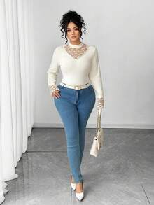 Elenzga Áo len dệt kim tay dài phối ren cỡ lớn dành cho nữ, mùa thu/đông - Màu be - Xem 7