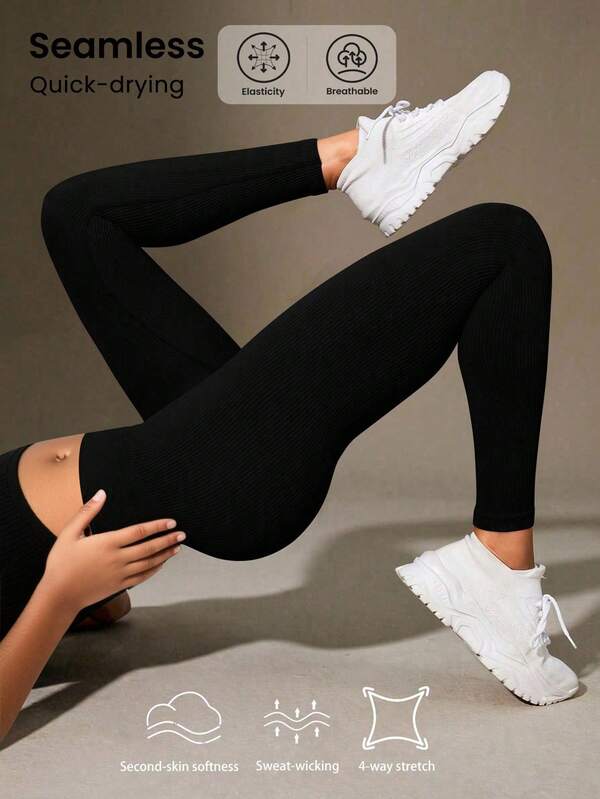 Legging esportiva de cintura alta canelada sem costura para pré-adolescentes - Cloud Soft, maciez de segunda pele, secagem rápida, respirável, elástica em 4 direções, para corrida, ciclismo, ioga, pickleball, exercícios casuais, preta