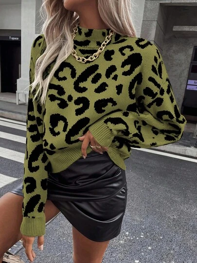EMERY ROSE Tropiluxe Women Leopard Print Crew Neck Casual Long Sleeve Pullover Sweater