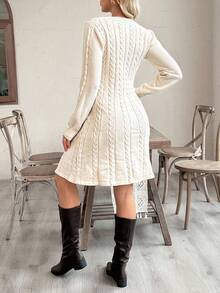 SHEIN Pregnant Women's V-Neck Long Sleeve Casual Knitted Dress With Cable Pattern, Autumn - Apricot - View 3