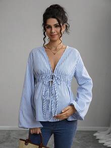 Momance Maternity Striped Print Front Tie Long Sleeve Nursing Top - Multicolor - View 5