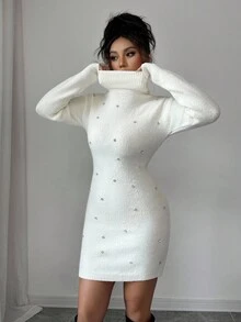 Rafferiza Elegant Women's Off-White Autumn Sweater Dress,High-Neck Long-Sleeved Woolen Diamond-Studded Cinched Waist Dress For Dinner Date Christmas Casual - Beige - View 3