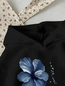 少女碎花印花休闲宽松套头卫衣，适合秋冬季节穿着，可爱黑色碎花卫衣，Y2K风格图案卫衣，适合青少年女孩穿着。 - 黑色 - 查看 3