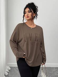 SHEIN LUNE CURVE Plus Size Casual Round Neck Long Sleeve Letter Embroidered T-Shirt - Brown - View 6