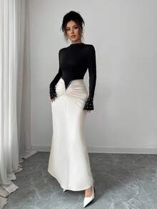 Selianne Elegantes, damenhaftes Maxikleid mit Perlenverzierung und plissierter Taille, raffiniertes und stilvolles einfarbiges Design, geeignet für Geburtstagsfeiern, formelle Anlässe, Dates, Langarm Maxikleid - Schwarz - Übersicht 4