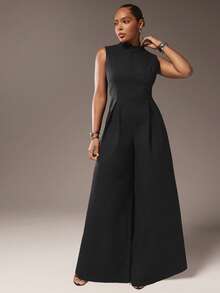 Hauture 超宽腿拉链前无袖加大码黑色连体裤 - 黑色 - 查看 3