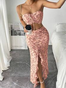 Pariaura 2 件套法式浪漫碎花百褶抹胸上衣和开衩裙，女士夏季服装 - 粉色 - 查看 3