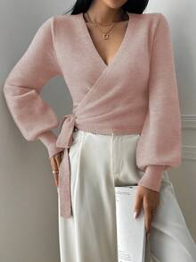 Balvessa Floral Wrap-Style Cropped V-Neck Tie-Waist Long Puff Sleeve Casual Elegant Women Sweater - Pink - View 6