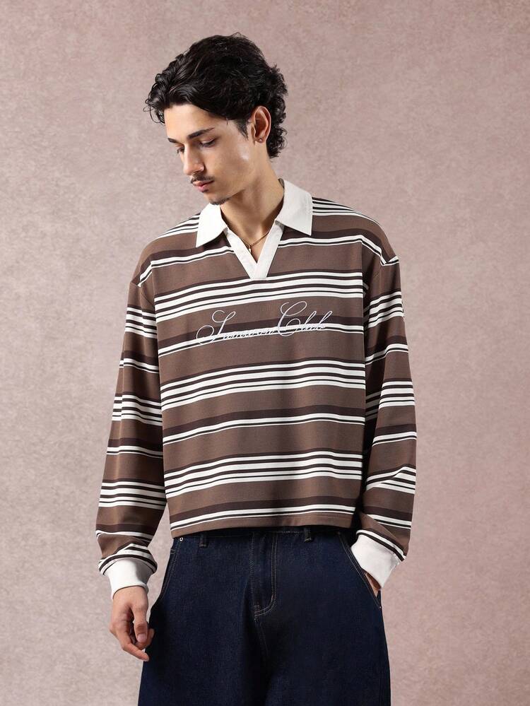 Boxy Fit Long Sleeve Striped Polo With Embroidered Script