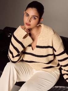 Juhart Plus Size Women Colorblock Striped Turtleneck Long Sleeve Casual Pullover Sweater, Winter - Multicolor - View 3