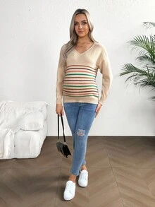 SHEIN Maternity Sweater, Loose Knit Colorblock Crew Neck Sweater, V-Neck Long Sleeve Fashionable Knit Top, Autumn/Winter - Apricot - View 5