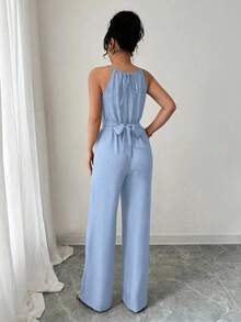 Elenzga 女式春夏休闲卡其色褶皱面料露背领口串珠设计腰部纽扣系带连体裤