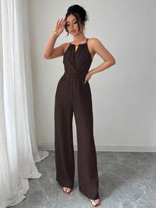 Selianne 女式春夏休闲卡其色褶皱面料露背领口串珠设计腰部纽扣系带连体裤 - 巧克力棕 - 查看 4