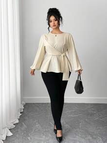 Elenzga Áo cánh mùa thu buộc eo trơn dệt thanh lịch Plus - Màu be - Xem 3