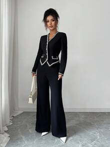 Selianne Vintage V-Neck Elegant Button Decorated Long Sleeve Blouse With Pockets, Contrast Trim, Retro Pockets, Contrast Trim, Vintage Black, Sophisticated Commuter Casual Office 2 Pieces Set