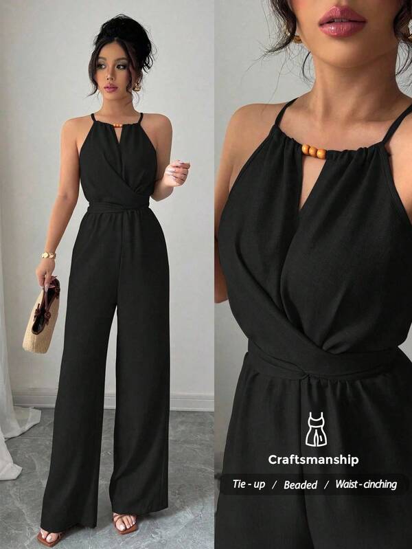 Selianne 女式休闲卡其色褶皱面料吊带串珠设计腰部纽扣系带黑色连体裤，春夏