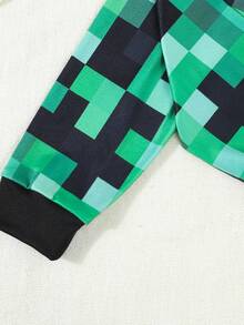 男童柔软舒适贴身睡衣套装，可爱卡通数码格子全身印花，休闲简约短袖和裤子两件套家居服 - 綠色 - 查看 6