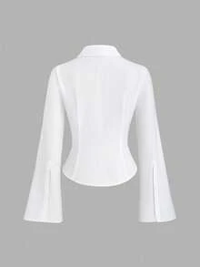 Sweetra Women's New Collegiate Basic Minimalist Commuter Cinched Waist Long Sleeve Tie Collar Blouse - White - View 2