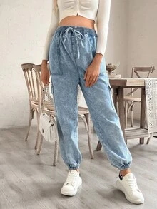 SHEIN 孕妇休闲松紧腰锥形牛仔裤 - 淺色水洗藍 - 查看 4