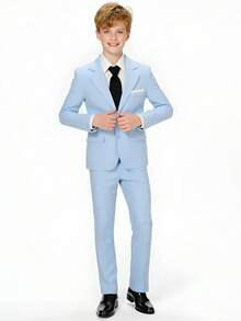 3 件套青少年男孩绅士套装 - 背心 + 西装外套 + 裤子 + 领带，适合生日派对、婚礼、毕业典礼、周年纪念的正式西装 - 藍色 - 查看 3