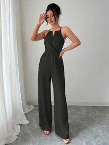 Selianne 女式休闲卡其色褶皱面料吊带串珠设计腰部纽扣系带黑色连体裤，春夏 - 黑色 - 查看 5