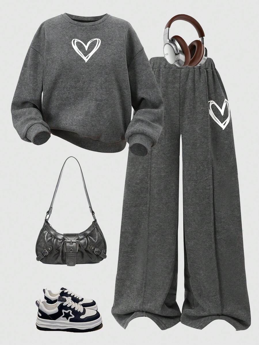 SHEIN 青少年女孩宽松休闲简约舒适圆领运动衫和裤子套装 - 灰色 - 查看 1