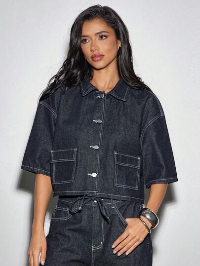 Denimoi 领口纽扣前开襟宽松牛仔上衣 牛仔上衣 牛仔上衣 时尚牛仔