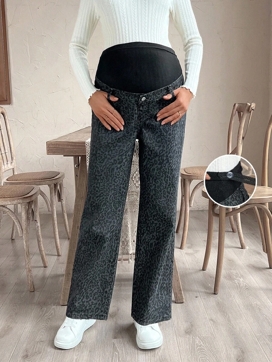 SHEIN 孕妇豹纹休闲百搭直筒牛仔裤 - 深色水洗藍 - 查看 1