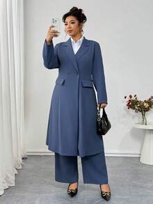 Elenzga Plus Size Stiff Fabric Blazer Jacket Long Sleeve Lapel Collar Real Pockets Decoration Single-Breasted + Straight Elastic Waist Pants 2 Pieces Set, Suitable For Commuting, Outing, Party, And Dating