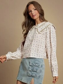 WESTFADE 条纹花卉蝴蝶结印花荷叶边领纽扣前襟宽松短款长袖衬衫休闲可爱秋季西部风波西米亚风 - 杏色 - 查看 3