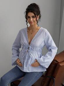 Momance Maternity Striped Print Front Tie Long Sleeve Nursing Top - Multicolor - View 2