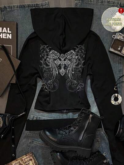 Attitoon Camiseta con capucha de ajuste ceñido para mujer con estampado de posicionamiento de alas cruzadas y desplazamiento barroco en estilo gótico punk retro Y2K, adecuada para otoño, versátil, aeropuerto, festival de música, otoño, tops negros