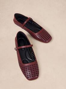 女士圆头编织+PU拼布平底一脚蹬鞋 - 酒紅色 - 查看 7