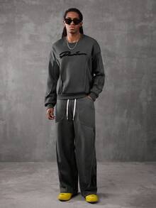 PAVTROS Manfinity Streetrush 男士创意拼布宽松图案文字刺绣运动衫套装，灰色男士运动服套装男士两件套男士慢跑套装男士套装男士两件套，返校，羊毛两件套，秋冬装