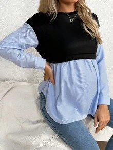 SHEIN Striped Patchwork Casual Maternity Sweatshirt - Black - View 6
