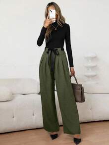 SHEIN 女士休闲撞色腰带褶皱长宽松裤，秋冬 - 軍綠色 - 查看 3