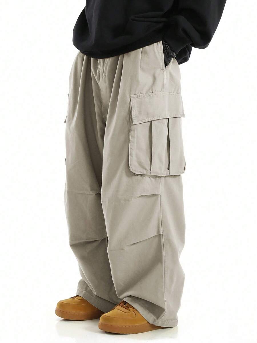 Manfinity Roghcode 秋季宽松男士翻盖口袋侧抽绳腰工装裤