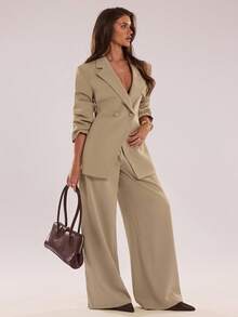 SHEIN BAE 女士休闲翻领长袖夹克和裤子套装，秋季 - 卡其色 - 查看 3