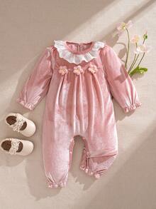 Souflis Souflis 1件装女婴秋季新款丝绒花卉领连体衣，可爱婴儿连体衣，时尚休闲百搭室内外皆宜，泡泡袖女婴连体衣，春秋冬季女婴服装 - 粉色 - 查看 4