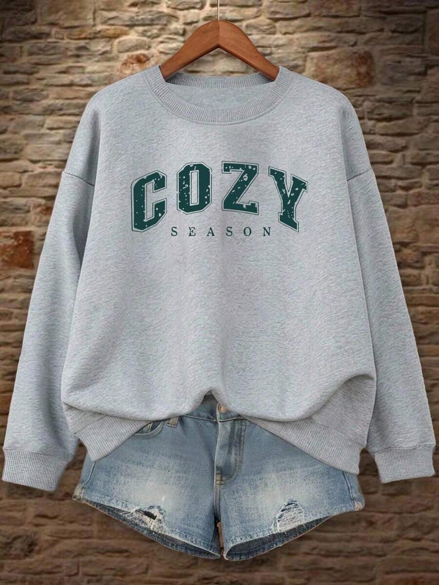 EMERY ROSE 1pc Women's Casual Round Neck Sweatshirt, Letter Printed Autumn And Winter Long Sleeved Pullover, Gray Sportswear Fall Cloth For Women