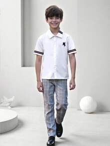 SHEIN 青少年男孩绅士两件套：带缎带饰边的衬衫 + 裤子 + 领结，无配饰，适合生日派对、婚礼、毕业典礼、周年纪念的正式服装 - 白色 - 查看 7