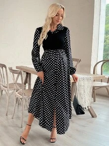 SHEIN Casual Loose Polka Dot Patchwork Long Sleeve Maternity Dress - Black and White - View 2