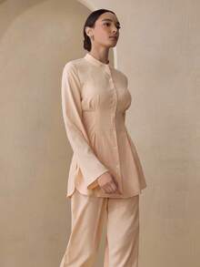 Graceveil 女士粉色长袖束腰衬衫和高腰松紧腰阔腿裤两件套 - 珊瑚粉 - 查看 5