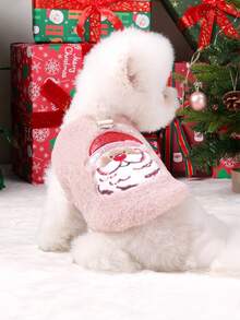 PETSIN 1pc Pet Clothing, Cute Embroidered Bearded Santa Claus Christmas Outfit, Autumn And Winter Thick Cotton Vest, Cat And Dog Clothing And Apparel - Pink - View 7