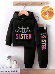 SHEIN Playful Pals 2 件套女婴时尚简约彩色字母印花连帽羊毛衫和字母印花羊毛裤套装，适合秋冬季外出 - 黑色 - 查看 3