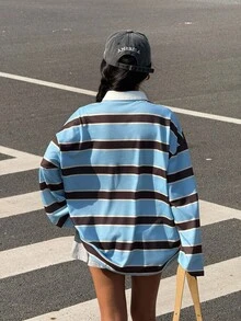Muchica 女士休闲通勤学院风撞色条纹印花 Polo 领宽松长袖 T 恤，春秋季 - 彩色 - 查看 2