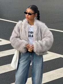 SHEIN EZwear 女士浅灰色长袖休闲羽绒服，秋冬时尚女装 - 淺灰色 - 查看 5